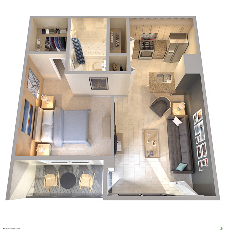 Floor plan for 1 bed, 1 bath, 560 sqft